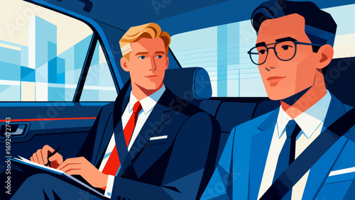 Business figures, sitting in a business car, reviewing documents, driving, flat design, vector illustrations