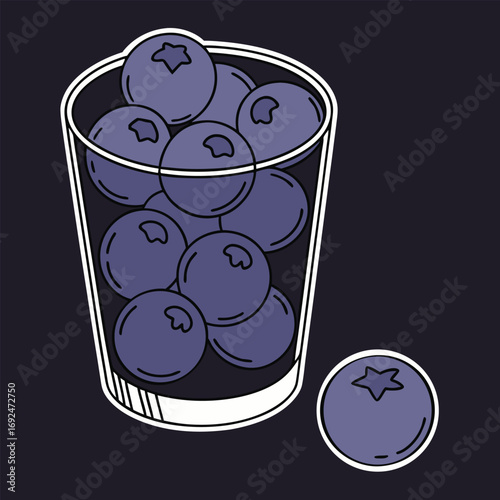 Cartoon blueberries fill glass, with single berry resting beside it on transparent background