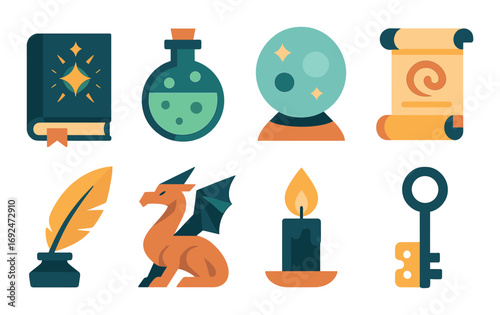 Magic and fantasy flat icon set. featuring book, potion, crystal ball, scroll, quill, dragon, candle, key symbols.