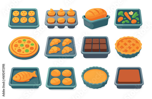 Food and dessert flat icons set. featuring cookies, cupcakes, bread, vegetables, pizza, croissants, chocolate, pie, fish, buns, tart, cake.