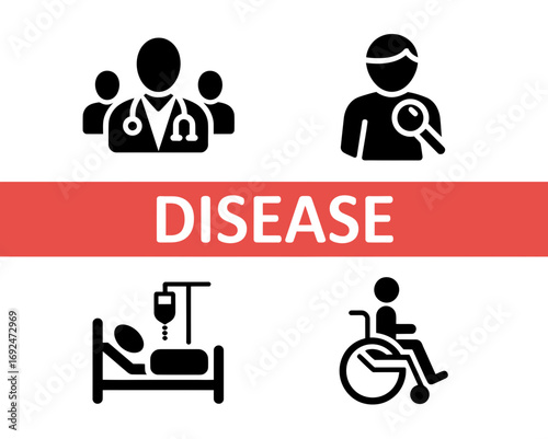 Illustration depicting medical team, patient examination, hospital care, and wheelchair accessibility icon set silhouette