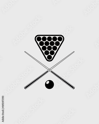 Billiard balls racked in triangle with crossed cues and single ball in black and white design style silhouette