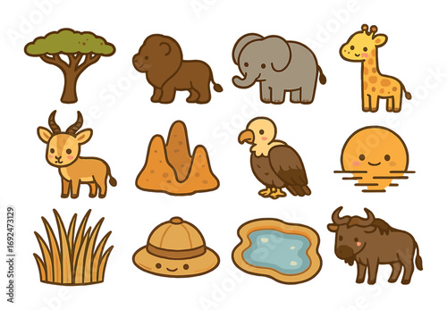 Safari animals flat icon set. featuring giraffe, elephant, lion, eagle, antelope, buffalo, and safari hat..