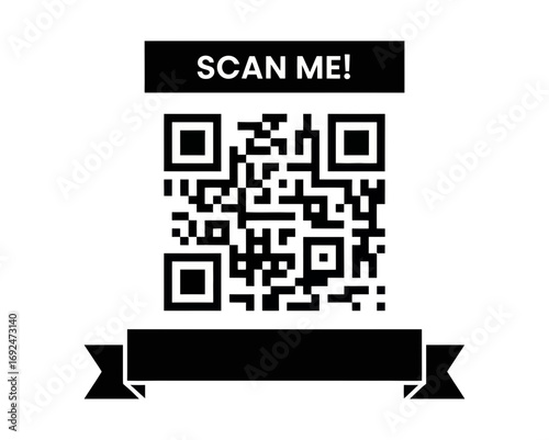 Illustration of a qr code with scan me text above and a banner below on a white background asking to scan it silhouette