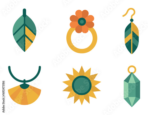 Jewelry silhouette icon set. featuring earrings, necklace, flower, crystal, leaf, geometric symbols.