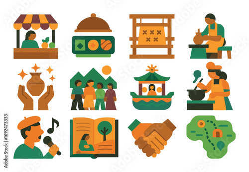 Local traditions flat icon set. featuring market, cuisine, pottery, family, boat, music, reading, handshake, map.