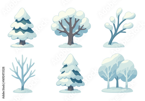 Winter nature silhouette icon set. featuring snowy pine, leafless tree, frosty bush, fir, and frost forest symbols.