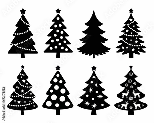 Illustration of eight christmas trees with various decorations in black and white silhouette style design