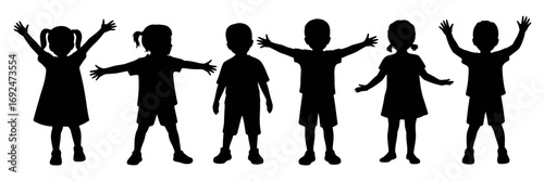 Silhouettes of six children with arms raised in various poses against a white background in a row format