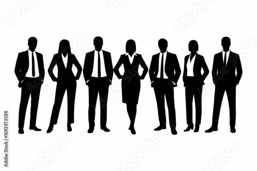 Silhouette of seven business professionals standing in a row on a white background wearing suits