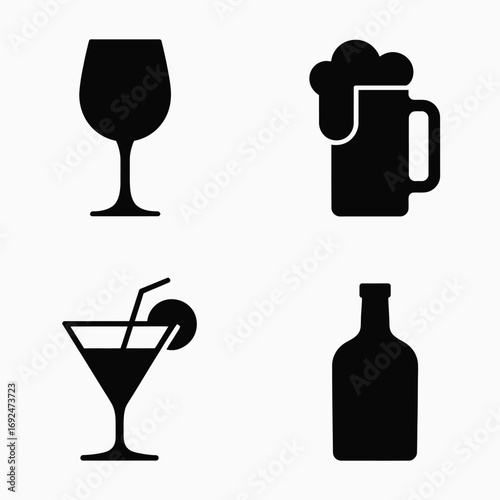 Minimalist black silhouettes of bar drinks wine glass beer mug cocktail bottle set silhouette vector illustration white background