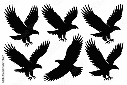 Six black eagle silhouettes in flight with wings spread against a white background in a dynamic pattern