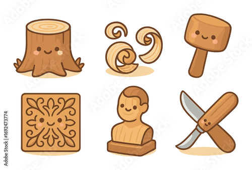 Woodworking flat icon set. featuring stump, wood shavings, mallet, carving, sculpture, and chisel symbols.