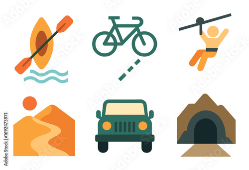 Adventure activities flat icon set. featuring kayaking, biking, climbing, hiking, off-roading, and caving symbols.