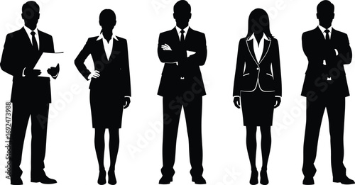 Vector business silhouettes of confident men and women standing in formal suits with different poses, holding documents and crossed arms.