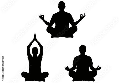 Three silhouettes of people meditating in different poses on a white background in black color