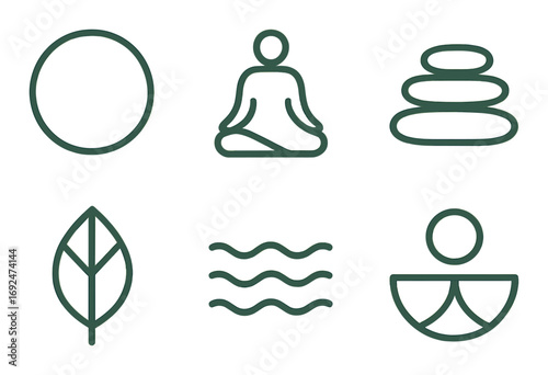 Meditation and nature linear icon set. featuring circle, yoga pose, stones, leaf, waves, and meditation symbol.