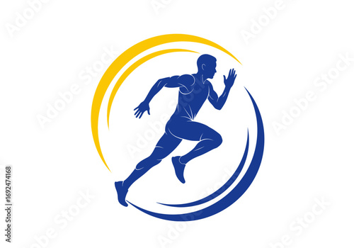 Silhouette of a runner in motion surrounded by curved lines in yellow and blue colors on a white background
