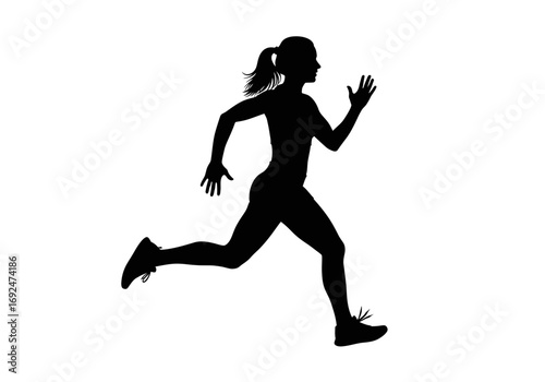 Silhouette of a woman running with ponytail and athletic shoes against a white background in full stride