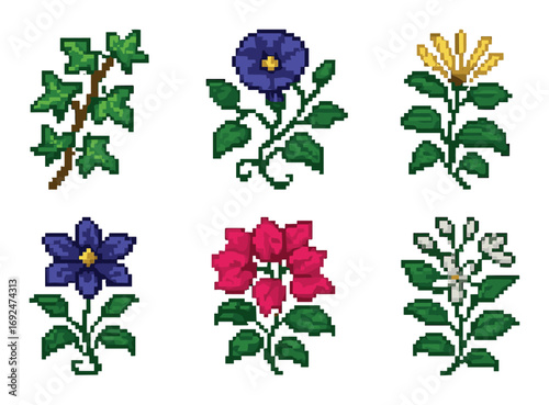 Floral pixel silhouette icons set. featuring ivy, morning glory, lily, petunia, hibiscus, and jasmine symbols.