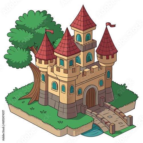 Fairytale castle with red roofs and a wooden bridge stands by a tree
