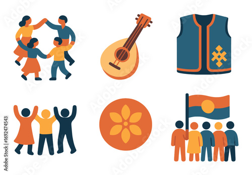 Cultural celebration silhouette icon set. featuring dance, music, vest, crowd, flower, and flag symbols.