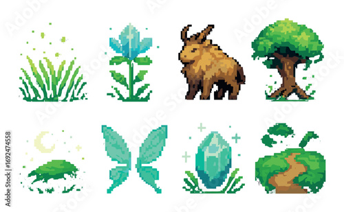 Nature fantasy pixel icon set. featuring grass, flower, goat, tree, moon, wings, crystal, path symbols.