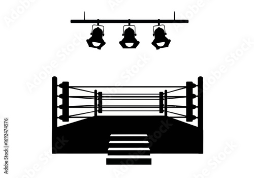 Silhouette of a boxing ring with ropes and posts under three spotlights hanging from the ceiling fixture