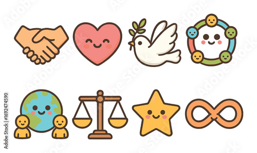Peace and harmony flat icon set. featuring handshake, heart, dove, unity, globe, balance, star, and infinity symbols.