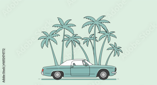 Teal car, white top near palms