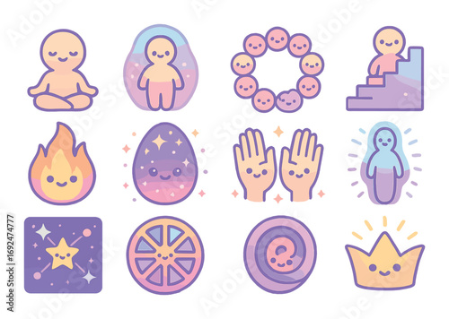 Wellness and self-care flat icons set. featuring meditation, growth, fire, egg, circle symbol.