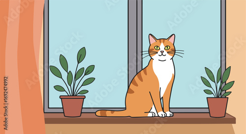 Cat sits on window sill with houseplants and curtains
