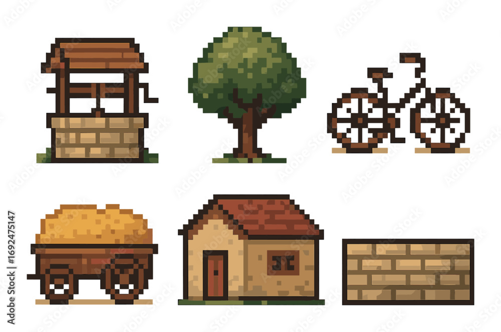 Naklejka premium Village life pixel icon set. featuring well, tree, bicycle, cart, house, and wall symbols.