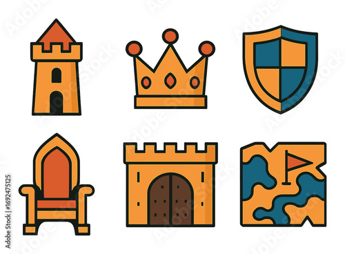 Medieval flat icon set. featuring tower, crown, shield, throne, castle, and map symbols.