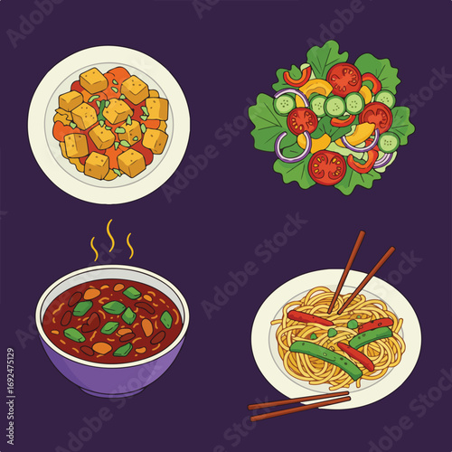 Four plated foods tofu, salad, beans, noodles