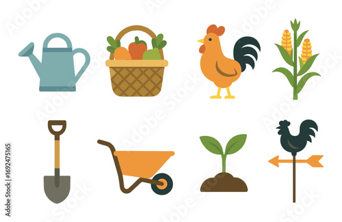 Farming silhouette icon set. featuring watering can, basket, chicken, corn, shovel, wheelbarrow, plant, and rooster symbols.