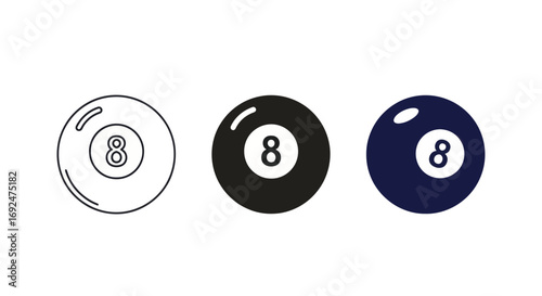 Three eight balls in different styles including outline black and blue on a white background showing number eight silhouette
