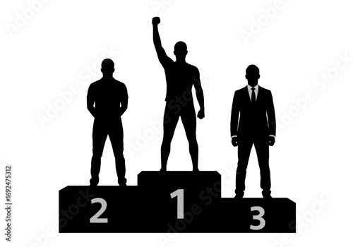 Three silhouetted figures stand on a podium with numbers one two and three representing their positions