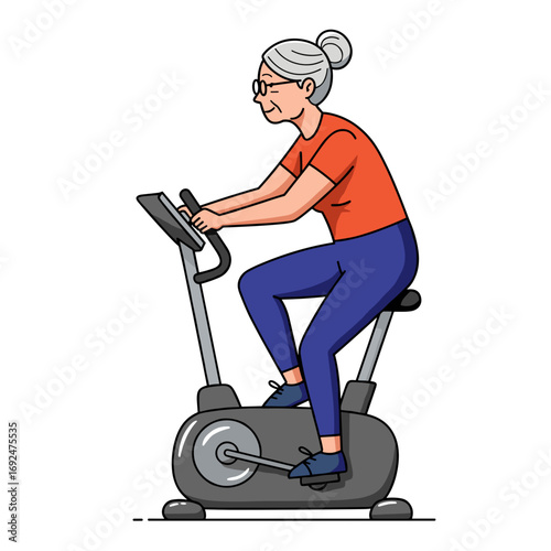 Senior woman exercising on stationary bike in home fitness setting  