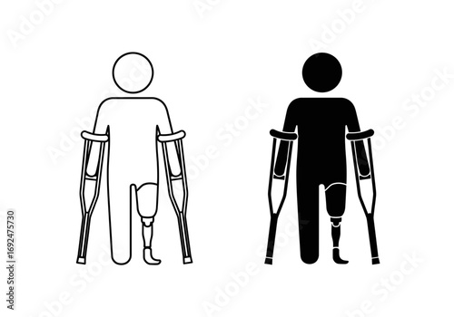 Two figures one with a prosthetic leg and crutches in black and white outline illustration style silhouette