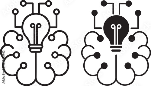Light bulb icons, idea symbols, creative thinking illustrations, brain lightbulb concepts, black and white graphics, innovation bubble illustrations, knowledge symbols,	