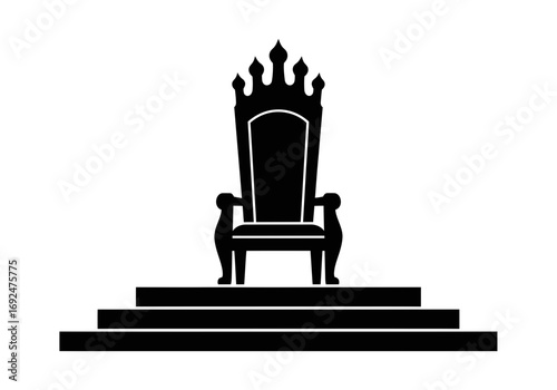 Illustration of a black throne with a high back and ornate crown sitting atop three steps in black and white silhouette