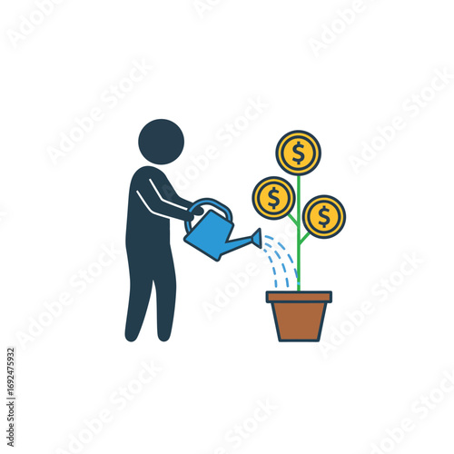 Illustrative representation of financial growth and investment strategy, depicting a person watering a money plant, symbolizing nurturing assets for future prosperity and wealth accumulation