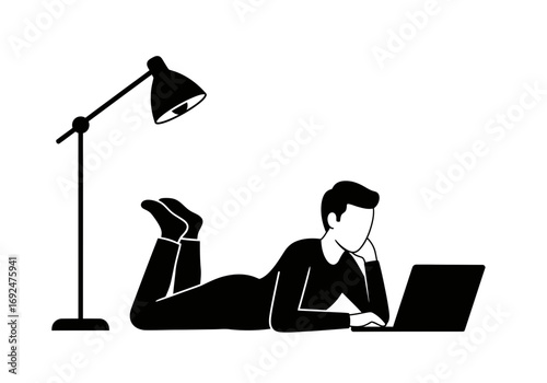 Illustration of a person lying down using a laptop with a lamp standing next to them in black and white silhouette