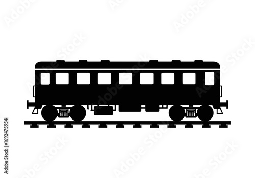 Silhouette of a passenger train car with multiple windows on a railway track in black and white design