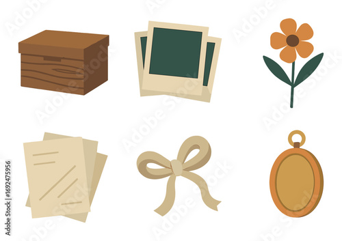 Home decor flat icons set. featuring box, photos, flower, documents, bow, and ornament icons.