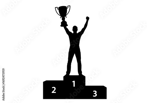 Silhouette of a winner holding trophy on podium with numbers one two and three in black and white