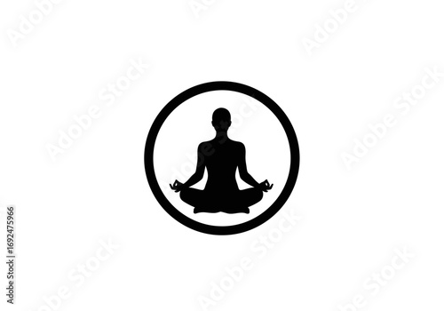 Silhouette of person meditating in lotus position inside a circular frame in black and white style