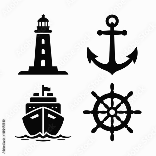 Nautical icon set maritime symbols lighthouse ship anchor ship's wheel for sea travel design silhouette vector illustration white background