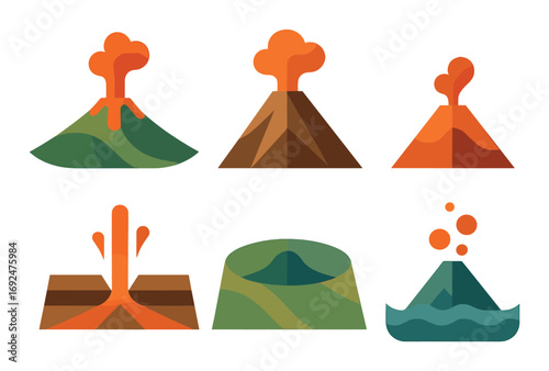 Volcanoes flat icon set. featuring erupting, lava, steam, dormant, submerged, and caldera symbols.